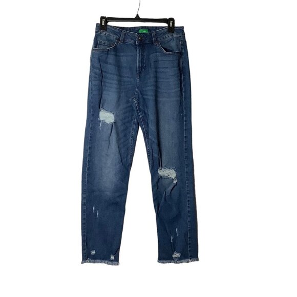 Dip Distressed Skinny Denim Jeans Women Sz 10 31" Blue Frayed Hem Whiskered - Picture 1 of 6